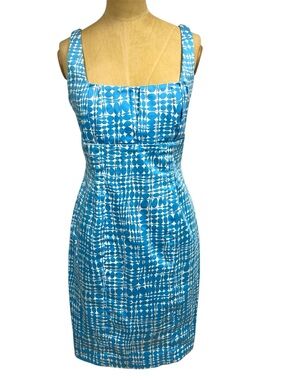 Calvin Klein Sheath Dress 8 Blue Patterned Square-Neck Fitted Classic Abstract